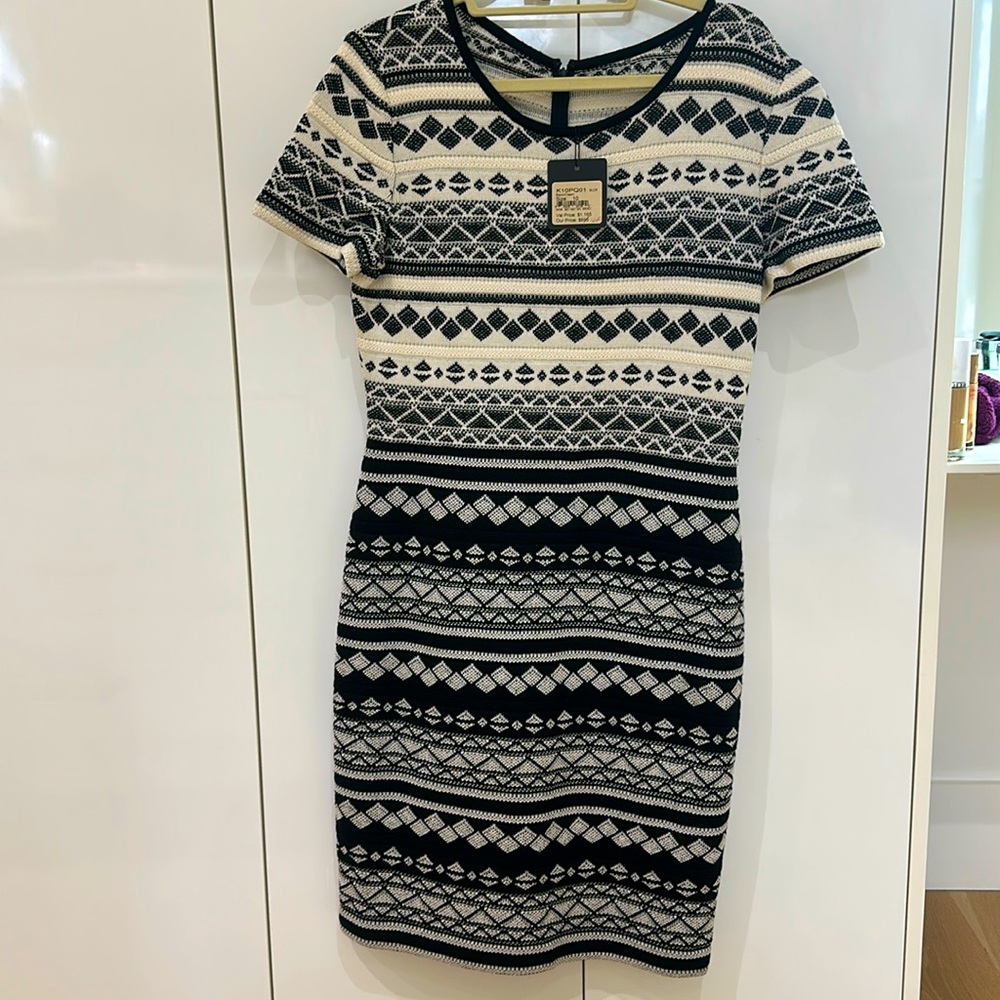 St. John Black & White Geometric Knit Midi Dress
